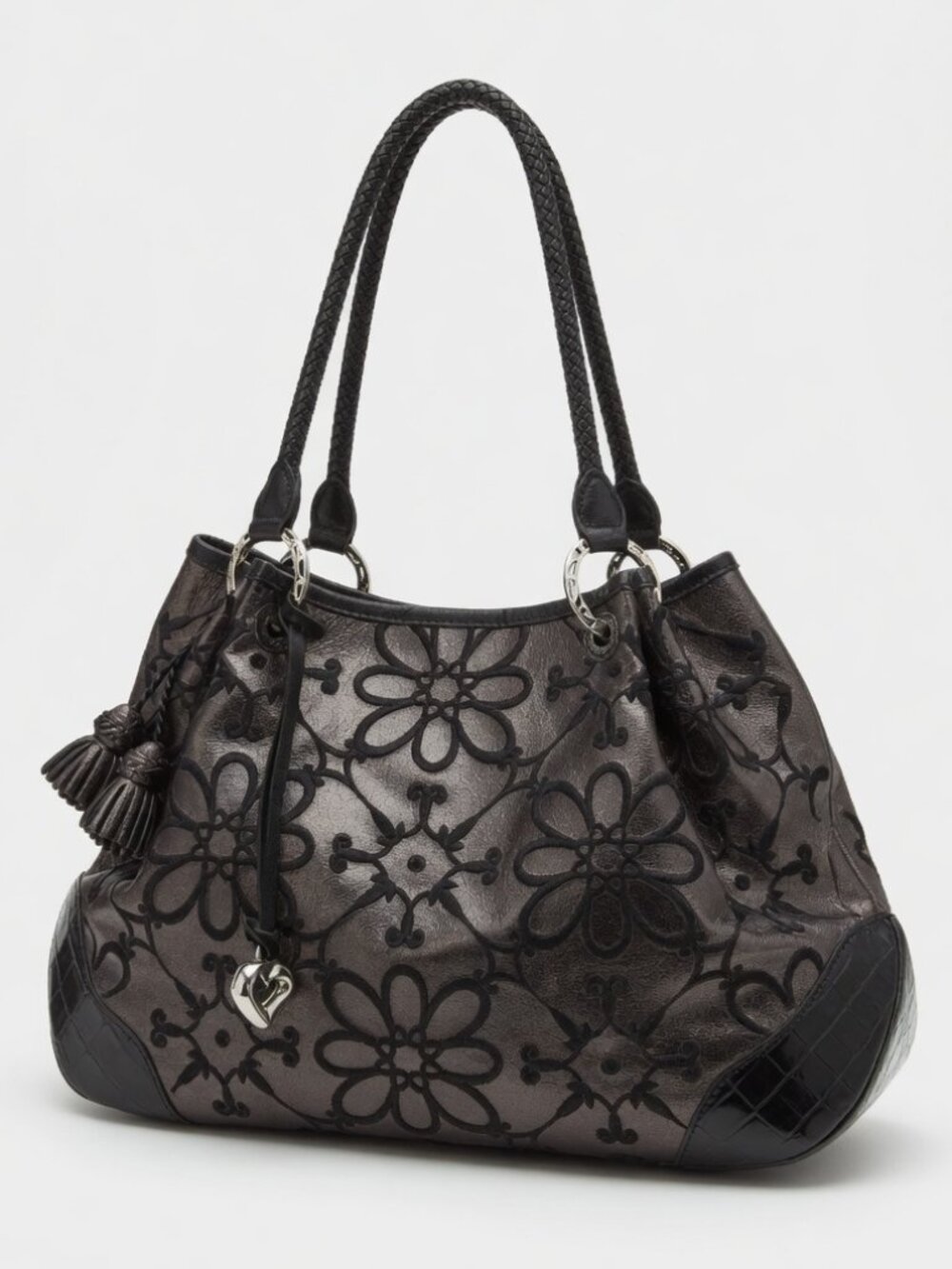 Brighten NWOT Metallic Pewter Leather Black Floral Embroidered Shoulder Bag